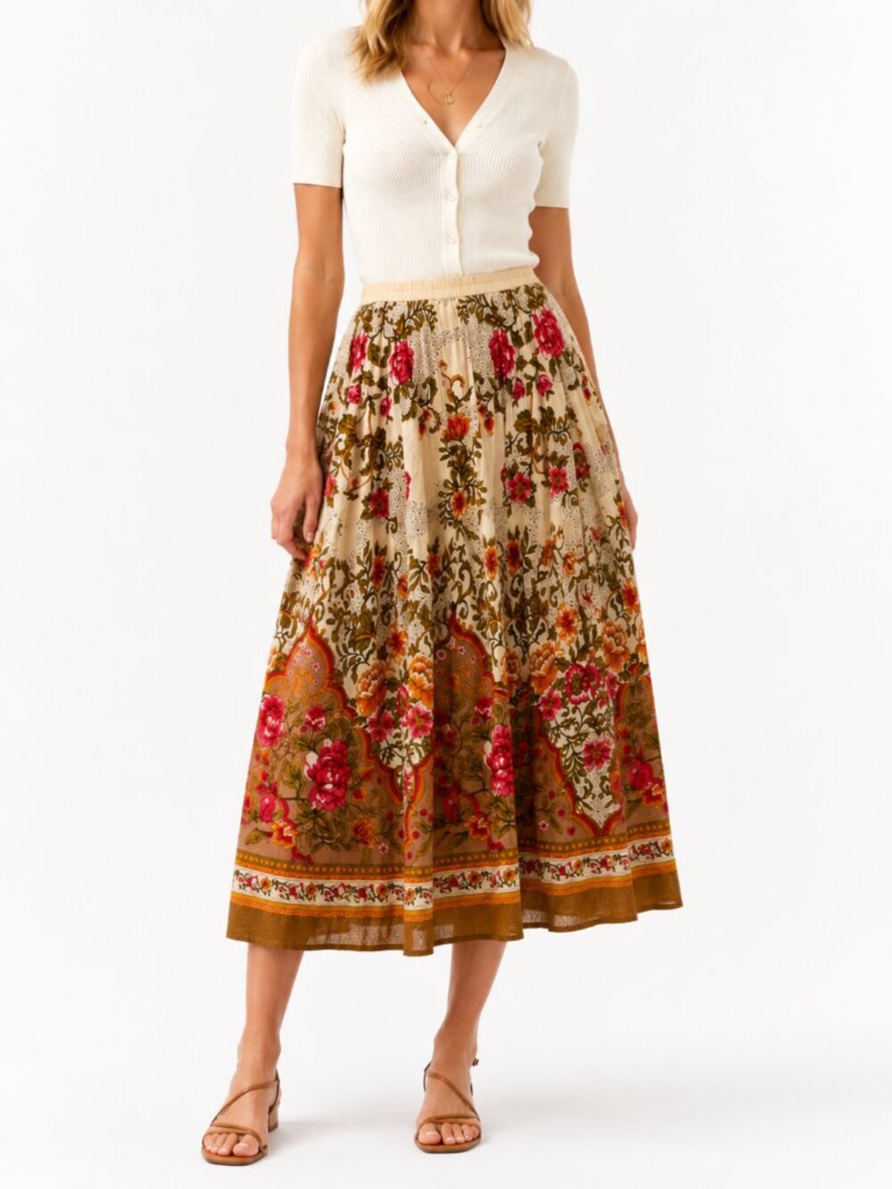 Floral Cotton Maxi Skirt Italian Heritage Border Print Boho by Coldwater Creek